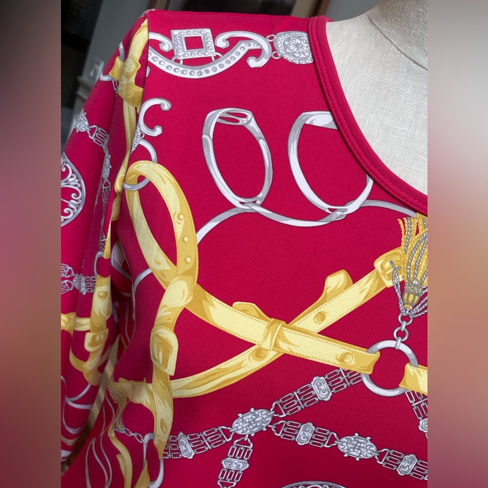 J. McLaughlin red and gold equestrian themed 3/4 sleeve top - Picture 2 of 4